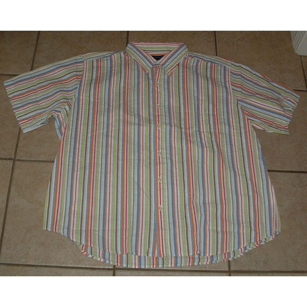 NEW Mens Sz XXL Multicolored Striped Button Up Seersucker Cotton Shirt LANDS END